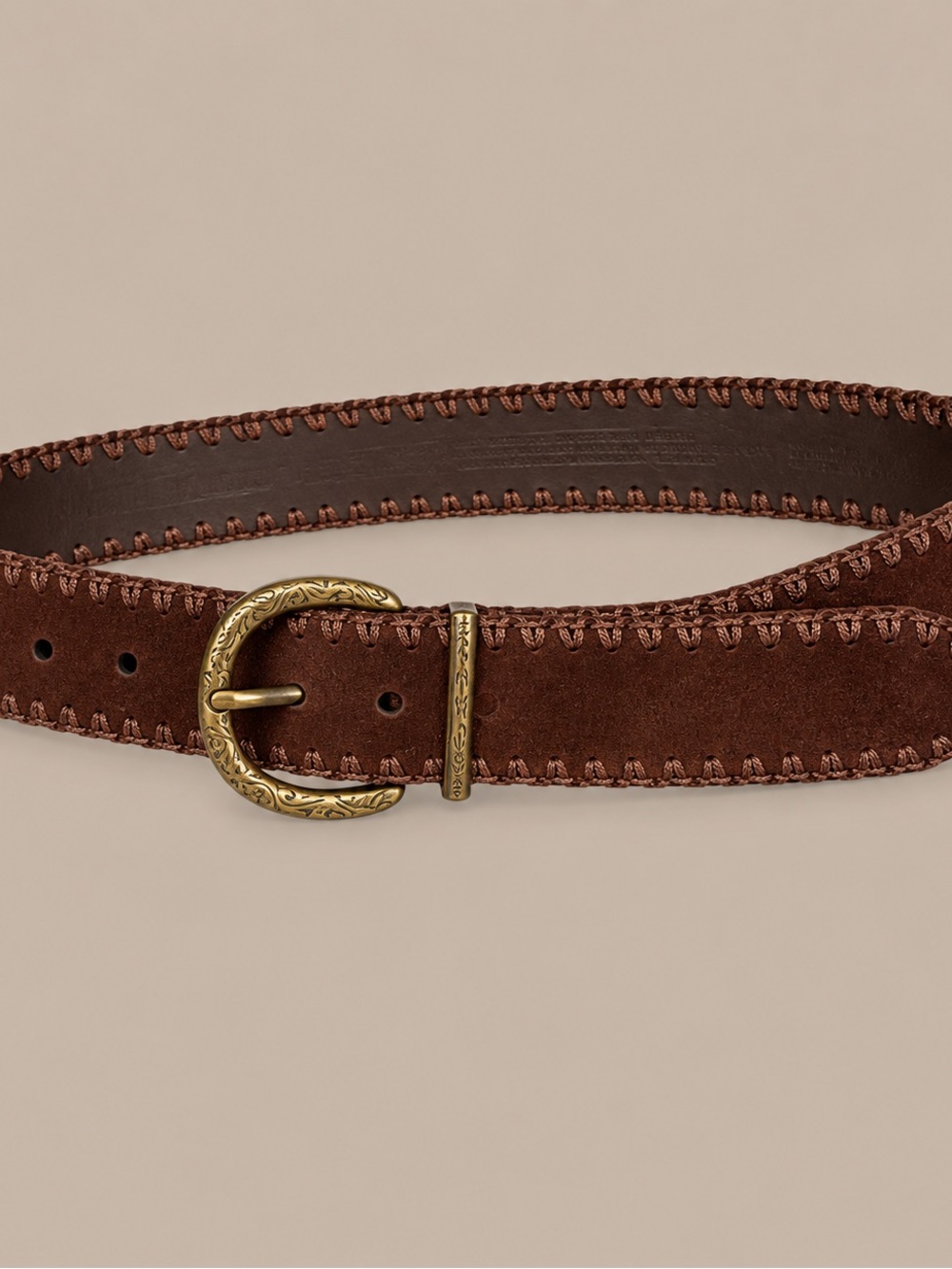 Liz Claiborne Brown Suede Belt with Embroidered Stitching and Brass Buckle